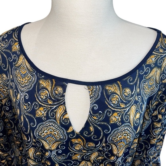 Perseption Concept Women's Dress Size L Blue Gold Knee Length Bell Sleeves - Picture 3 of 7